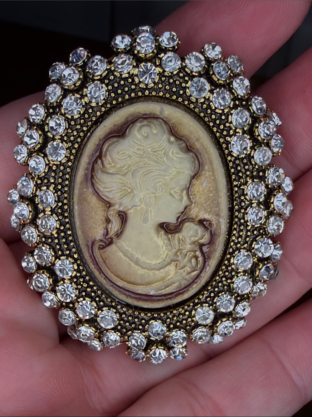 Vintage-Inspired Ivory Cameo Brooch with Clear Crystal Halo